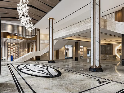 Hotel Lobby Modern Design With Grand Chandelier Marble Columns And Geometric Floor 3d model