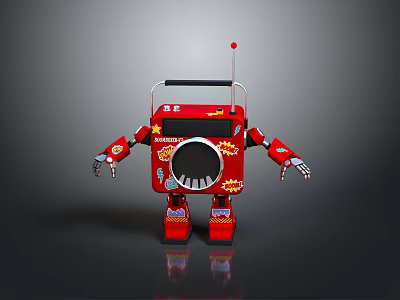 Red Radio Style Robot With Antenna Speaker Arms And Decorative Patterns 3d model