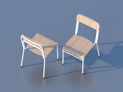Simple Modern Single Chair With Wooden Seat Back And White Metal Frame 3d model