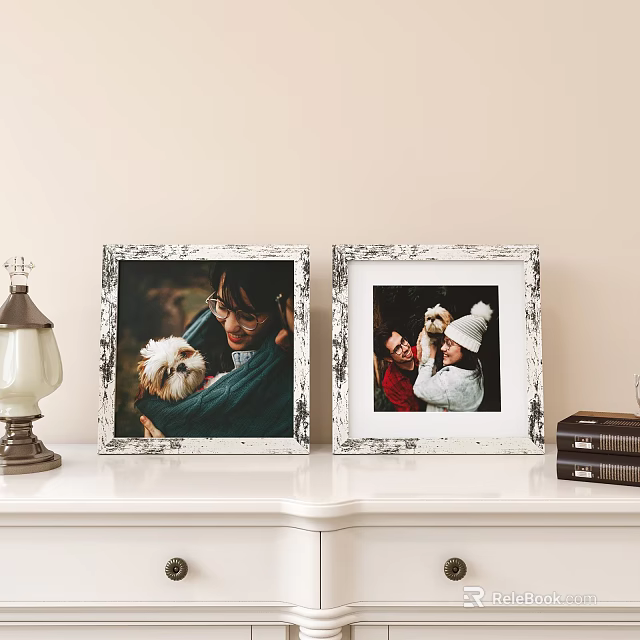 Two White Distressed Frames With Family Pet Photos On White Dresser Near Table Lamp And Books 3d model 