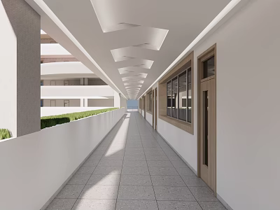Modern Elevator Corridor With Tile Flooring White Walls And Skylight Lighting 3d model