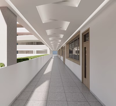 Modern Elevator Corridor With Tile Flooring White Walls And Skylight Lighting 3d model