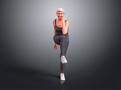 A Fit Woman In Sportswear Standing With One Leg Lifted And Hand On Face 3d model