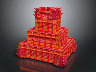 Scenic Vibrant Red Yellow Tiered Brick Tower with Decorative Patterns and Base Reflection 3d model