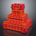 Scenic Vibrant Red Yellow Tiered Brick Tower with Decorative Patterns and Base Reflection