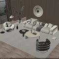 Modern White Sofa and Coffee Table Set in Living Room with Cushions and Floor Lamp