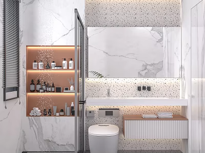 Modern Bathroom With Marble Walls Illuminated Shelves And Smart Toilet 3d model