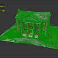 Red Brick Detached Villa With White Columned Porch Gray Roof Chimney And Green Shrubs