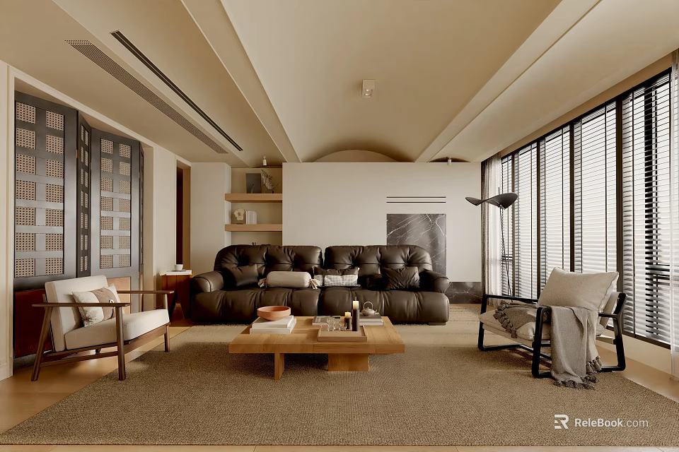 Modern Living Room Interior With Brown Leather Sofa Wooden Coffee Table And Large Windows Blinds 3d model 