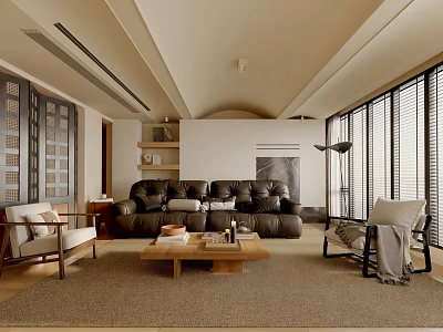 Modern Living Room Interior With Brown Leather Sofa Wooden Coffee Table And Large Windows Blinds 3d model