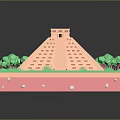 Miniature Step Pyramid Building With Top Small Structure And Green Trees On Pink Base