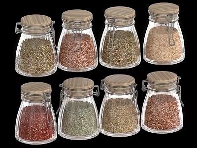 Transparent Glass Spice Jars With Wooden Lids Metal Clips And Various Spices 3d model