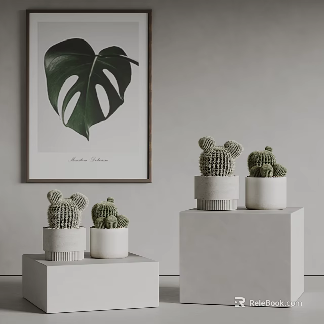Cactus Potted Plants Interior Decor With White Cube Pedestals And Monstera Leaf Painting 3d model 