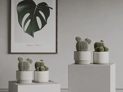 Cactus Potted Plants Interior Decor With White Cube Pedestals And Monstera Leaf Painting 3d model