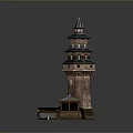 Red Brick Lighthouse Architecture With Multiple Stories Spire And Adjacent Small House