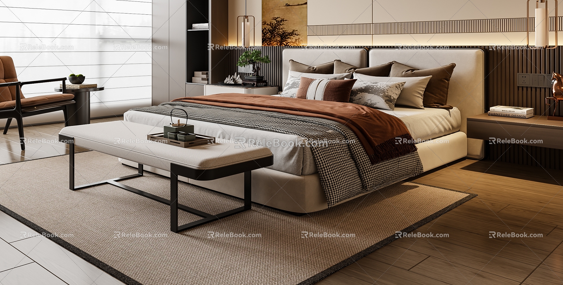 New Chinese Double Bed Fabric Double Bed 3d model