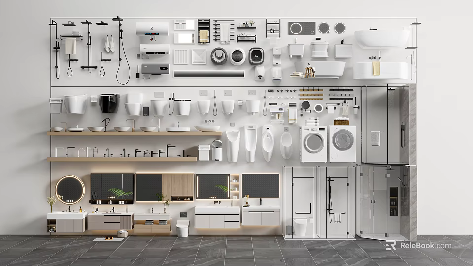 Modern Bathroom Combination With Toilet Sink Shower Cabinet Mirror And Washing Machine 3d model 
