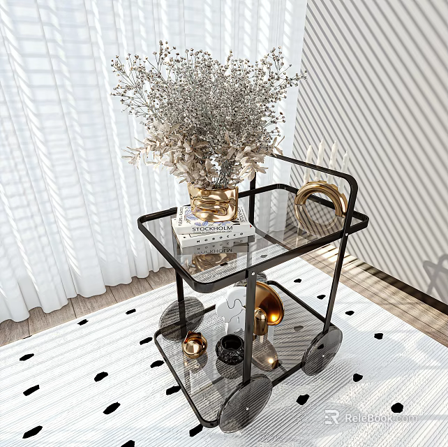 Modern Black Metal Frame Side Table with Glass Shelves Vase Books and Golden Decor 3d model 