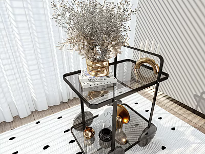 Modern Black Metal Frame Side Table with Glass Shelves Vase Books and Golden Decor 3d model