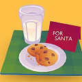 Glass of Milk and Cookies with FOR SANTA Card on Green Plaid Placemat
