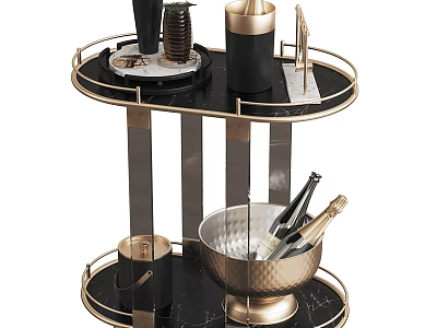 Two Tier Black Gold Bar Cart With Marble Top Holding Wine Glasses Champagne Ice Bucket 3d model