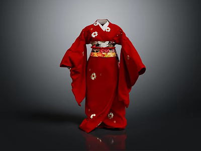 Elegant Traditional Red Japanese Kimono With White Floral Pattern And Sash 3d model