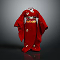 Elegant Traditional Red Japanese Kimono With White Floral Pattern And Sash