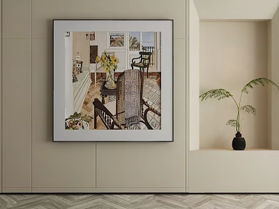 Framed Abstract Painting On Modern Interior Wall With Minimalist Decor And Green Plant 3d model