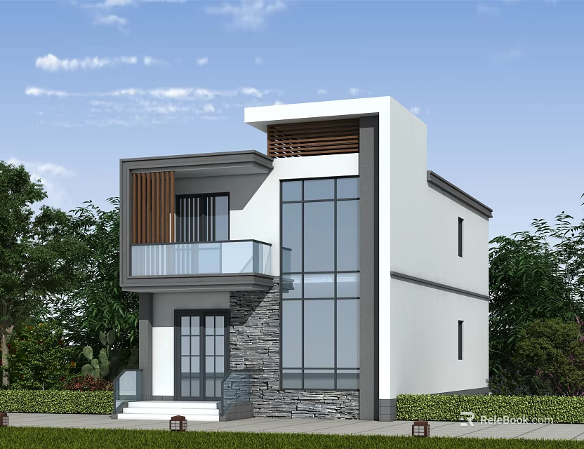 Modern Detached Villa Exterior Design With Large Glass Windows Balcony And Stone Wall 3d model 