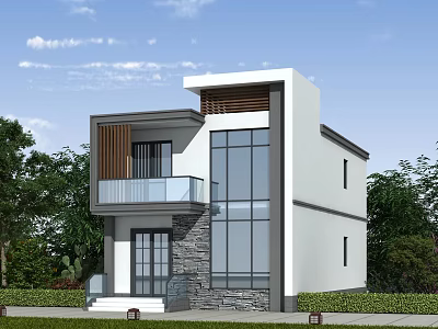 Modern Detached Villa Exterior Design With Large Glass Windows Balcony And Stone Wall 3d model