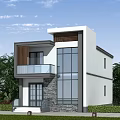 Modern Detached Villa Exterior Design With Large Glass Windows Balcony And Stone Wall