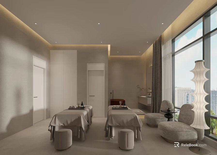 Modern SPA Sauna Interior With Relaxing Massage Tables And Large City View Windows 3d model 