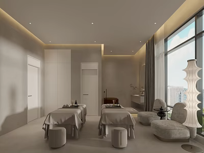 Modern SPA Sauna Interior With Relaxing Massage Tables And Large City View Windows 3d model