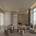 Modern SPA Sauna Interior With Relaxing Massage Tables And Large City View Windows