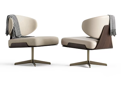 Modern Beige Fabric Office Chair With Wooden Frame And Checkered Throw On Backrest 3d model