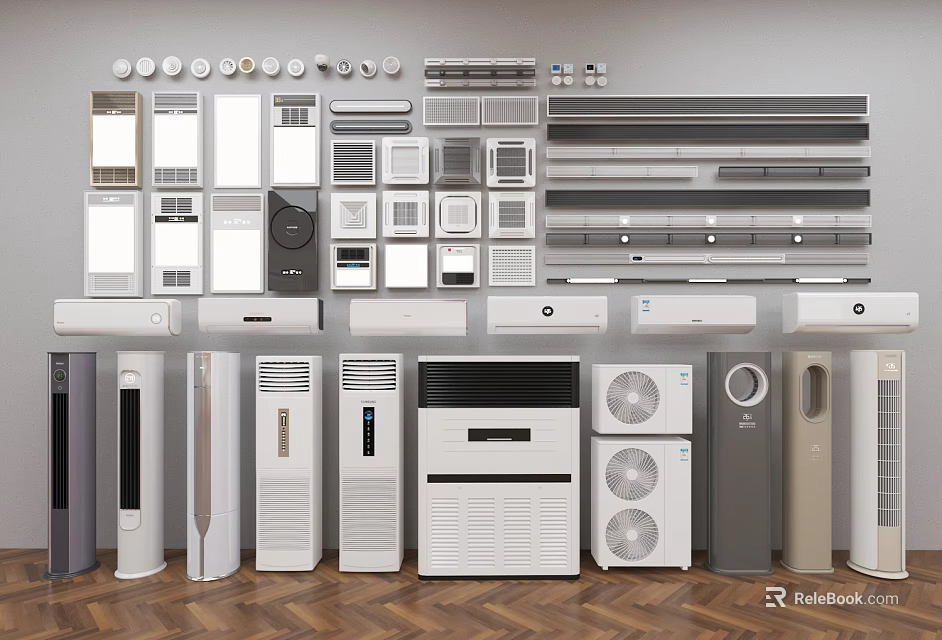 Various Types Of Air Conditioning Fans With Wall Mounted Standing Designs And White Gray Colors 3d model 