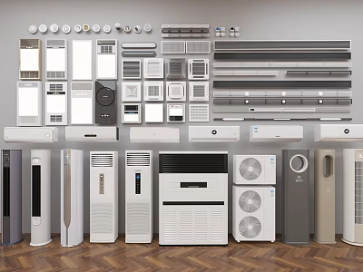 Various Types Of Air Conditioning Fans With Wall Mounted Standing Designs And White Gray Colors 3d model