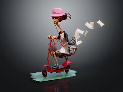 Pink Hat Character Riding Red Scooter With Small Animal In Basket And Flying Papers 3d model
