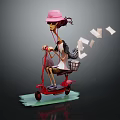 Pink Hat Character Riding Red Scooter With Small Animal In Basket And Flying Papers