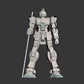 White And Light Blue Gundam Model With Mechanical Design Holding Staff In Standing Pose
