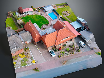 Cartoon Scenic Residential Aerial View With Red Roof Houses Green Lawn Swimming Pool And Cars 3d model