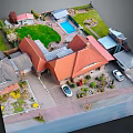 Cartoon Scenic Residential Aerial View With Red Roof Houses Green Lawn Swimming Pool And Cars