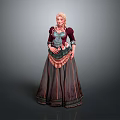 Game Movie Character With Blonde Hair Crimson Top Blue Apron And Striped Long Skirt