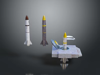 Three Military Rockets With Yellow Tips Displayed On Launch Pad And Stands 3d model