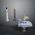 Three Military Rockets With Yellow Tips Displayed On Launch Pad And Stands