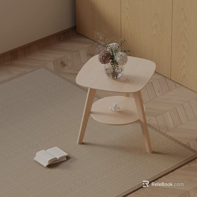 Modern Wooden Side Table With Triangle Top Two Tier Design And Flower Vase On Carpet 3d model 