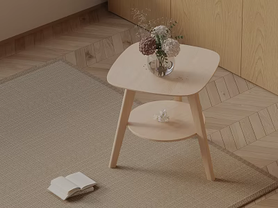 Modern Wooden Side Table With Triangle Top Two Tier Design And Flower Vase On Carpet 3d model