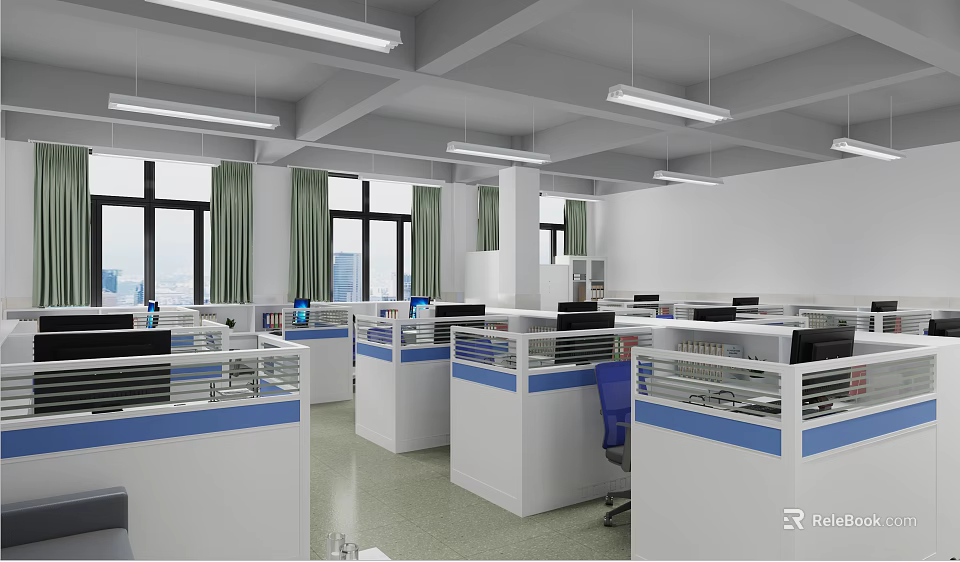 Modern Public Office Area Interior With Cubicles Desks Computers Windows And Bright Lighting 3d model