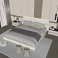Modern Double Bed with White Headboard Bedding Nightstands Stools and Rug in Modern Bedroom