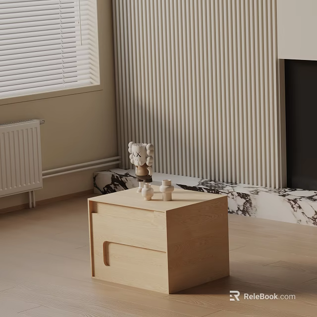 Modern Light Wood Bedside Table With Drawer Small Figurine Cups And Striped Wall 3d model